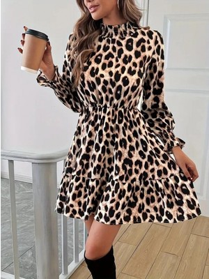 MiraLive Miray- Kadın Uzun Kollu Yarı Balıkçı Yaka Leopar Desenli Modal Mini Elbise
