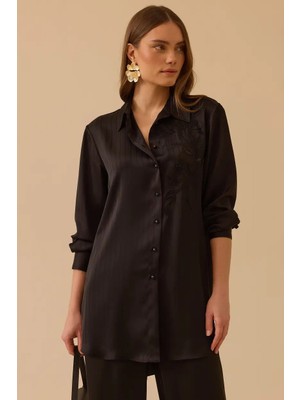 Seçil Kadın Nakışlı Çizgi Detaylı Saten Tunik - Siyah