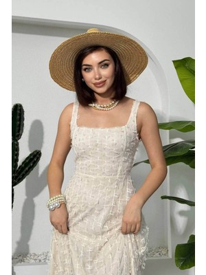 Zishan Fashion Kare Yaka Fisto Fiyonk Detaylı Maksi Elbise - Özel Gün Davet Elbisesi 853