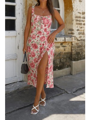 MiraLive Miray- Kadın Askılı Geniş V Yakalı Sırttan Bağlamalı Yırtmaçlı Süprem Elbise