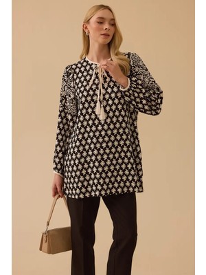 Seçil Kadın Desenli Bağlama Detaylı Tunik - Siyah