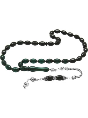 Tesbihane 925 Ayar Gümüş Püsküllü Arpa Kesim Süzme Turkuaz-Siyah Ateş Kehribar Tesbih