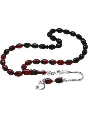 Tesbihane 925 Ayar Gümüş Püsküllü Bilek Boy Süzme Kırmızı-Siyah Ateş Kehribar Tesbih