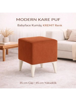 Armegeda Dekoratif Kare Puf 35X35X45 cm – Kremit Baybface Kumaş, Beyaz Ayaklı Modern Tasarım