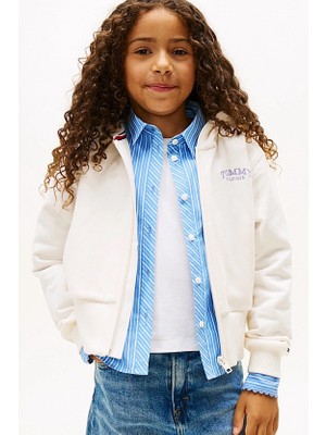 Tommy Hilfiger Kız Çocuk Sırt Logolu Terry Kapüşonlu ve Fermuarlı Sweatshirt - Kırık Beyaz