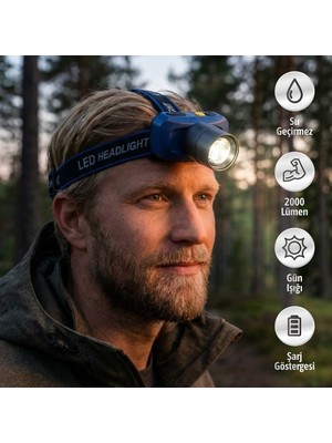 Badem10 Şarjlı 2000 Lümen Darbeye Suya Dayanıklı Kafa Kayışlı 20W Pratik Kafa Lambası