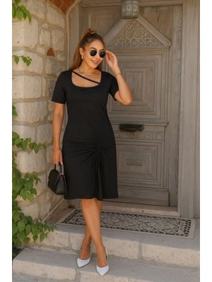 MiraLive Miray- Kadın Kısa Kollu Kare Yakalı Ip Detaylı Janjan Krep Elbise