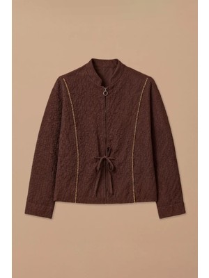 Seçil Kadın Desenli Fermuarlı Gofre Ceket - Kahverengi