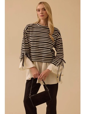 Seçil Kadın Çift Kumaşlı Çizgili Gömlek Detaylı Tunik - Siyah