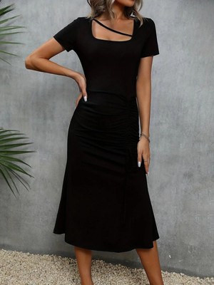 MiraLive Miray- Kadın Kısa Kollu Kare Yakalı Ip Detaylı Janjan Krep Elbise