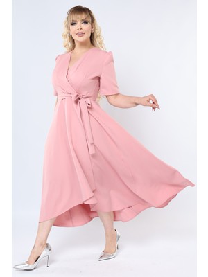 Ruris Gül Kurusu Kruvaze Yaka Asimetrik Sarmal Etek Kısa Kollu Kuşaklı Midi Boy Büyük Beden Abiye Elbise