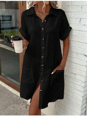 MiraLive Miray- Kadın Kısa Kollu Bisiklet Yaka Yandan Yırtmaçlı Viskon Midi Elbise