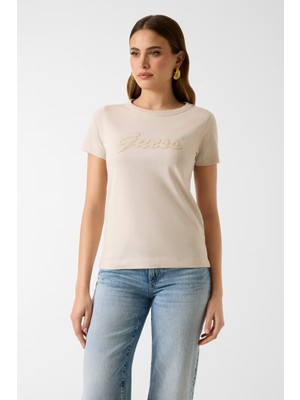 Guess Kadın Jersey Boxy Fit T-Shirt - Krem