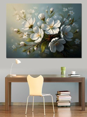 Artmeg Beyaz Bahar Çiçekleri Yağlı Boya Dekoratif Kanvas - Mdf Ahşap Tablo