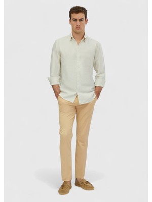 Ramsey Ekru Çizgili Casual Fit Dokuma Casual Pamuk Karışımlı Gömlek