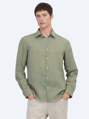 Kip Yeşil Çizgili Regular Fit Dokuma Casual Gömlek