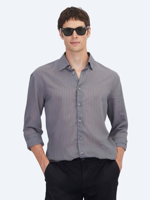 Kip Antrasit Çizgili Oversize Fit Dokuma Casual Gömlek