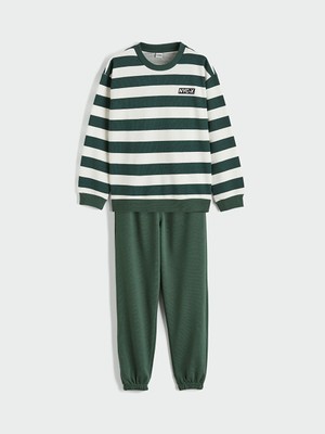 Lcw Yeşil Bisiklet Yaka Çizgili Erkek Çocuk Sweatshirt ve Eşofman Altı