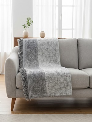 My Evilla Antrasit Gümüş Gri Koltuk Örtüsü Kanepe Için Kaymaz Tabanlı Şık Dokulu Saçaklı Modern Salon Örtüsü 170X220CM