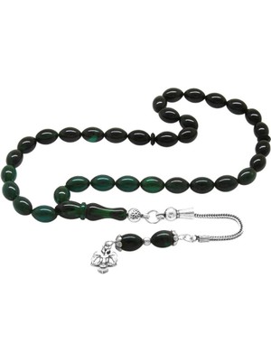 Tesbihane 925 Ayar Gümüş Püsküllü Bilek Boy Süzme Turkuaz-Siyah Ateş Kehribar Tesbih