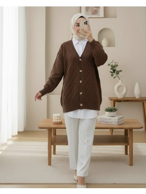 Modamorfo V Yaka Büyük Düğmeli Desenli Triko Hırka -Kahve