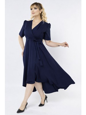 Ruris Lacivert Kruvaze Yaka Asimetrik Sarmal Etek Kısa Kollu Kuşaklı Midi Boy Büyük Beden Abiye Elbise