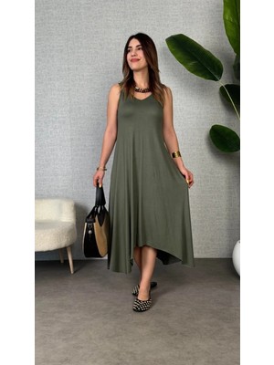 MiraLive Miray- Kadın Çan Dokuma Kumaş V Yaka Asimetrik Kesim Elbise
