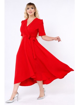 Ruris Kırmızı Kruvaze Yaka Asimetrik Sarmal Etek Kısa Kollu Kuşaklı Midi Boy Büyük Beden Abiye Elbise