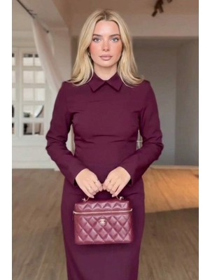 Zishan Fashion Kadın Gömlek Yaka Uzun Kollu Midi Boy Elbise - Ofis Şıklığı Dar Kesim 12407