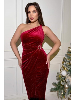 Zishan Fashion Tek Omuz Kadife Midi Elbise – Taş Detaylı Kruvaze Kesim Şık Abiye 2706