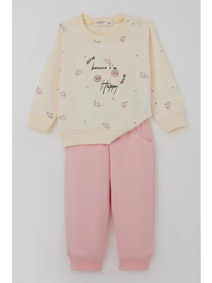 Breeze Kız Bebek Eşofman Takımı 6 Ay-2 Yaş Pembe Çiçek Desenli Krem Renkli Rahat Stil