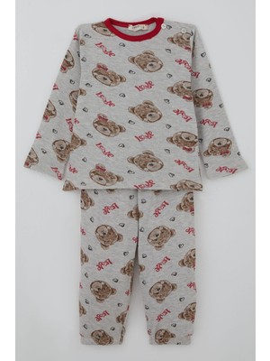Breeze Kız Bebek Pijama Takımı Sevgi Temalı Fiyonklu Ayıcık Desenli 9 Ay-3 Yaş, Açık Gri Melanj
