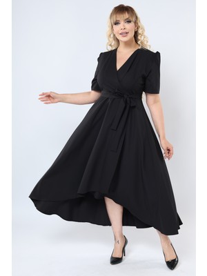 Ruris Siyah Kruvaze Yaka Asimetrik Kesim Sarmal Etek Kısa Kollu Kuşaklı Midi Boy Büyük Beden Abiye Elbise