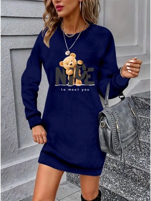 MiraLive Miray- Kadın Uzun Kollu Bisiklet Yaka Ayı Desenli Viskon Iki Iplik Elbise