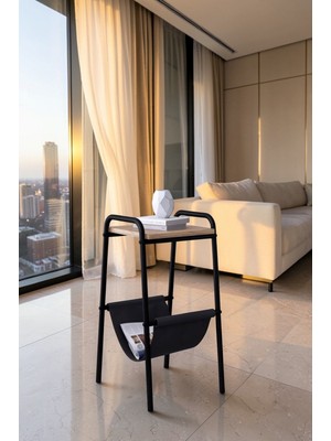 Fursimo Rayan Serisi Çift Katlı Yan Sehpa – Ahşap Desen 1. Sınıf Suntalam Membran Kaplama, Metal Ayaklı Modern Yan Sehpa