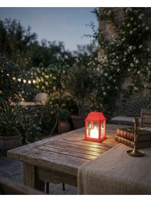 Artepieza Kırmızı Pilli LED Işıklı Dekoratif Mini Fener Mumluk-Dekoratif Plastik Fener Mumluk 11*6 cm