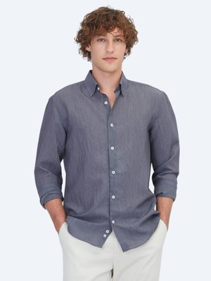 Kip Antrasit Çizgili Regular Fit Dokuma Casual Gömlek