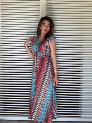 MiraLive Miray- Kadın Kısa Kollu V Yakalı Desenli Yandan Yırtmaçlı Süprem Elbise