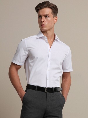 Kip Beyaz Regular Fit Dokuma Klasik Pamuk Karışımlı Gömlek