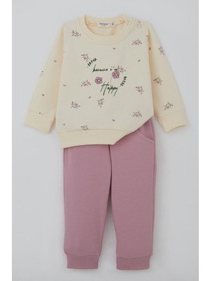 Breeze Kız Bebek Eşofman Takımı Pembe Çiçek Desenli 6 Ay-2 Yaş, Krem