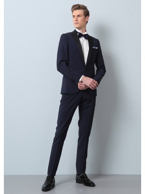 Ramsey Saks Düz Slim Fit Kruvaze Yaka Dokuma Smokin Takım Elbise