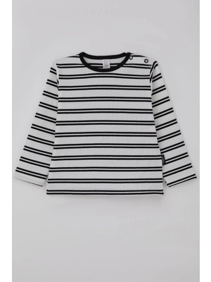 Breeze Erkek Bebek Uzun Kollu Tişört Patlı Çizgili 9 Ay-3 Yaş, Beyaz