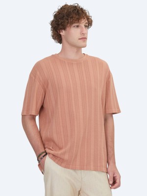 Kip Koyu Somon Çizgili %100 Pamuk T-Shirt