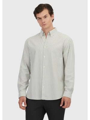 Ramsey Yeşil Çizgili Loose Fit Dokuma Casual Pamuk Karışımlı Gömlek