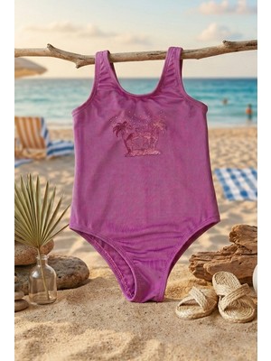 Elayza Press Baskı Kabartma Palmiye ve Pelikan Desenli Taşlarla Bezeli Likralı Kız Çocuk Mayo