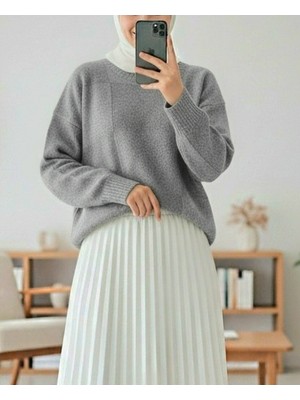 Modamorfo Kare Desenli Yuvarlak Yaka Yumoş Kazak -Açık Gri