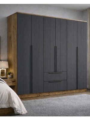 Mobilique Nova No.5 Altı Kapaklı Iki Çekmeceli 5raflı Gardırop Çam-Antrasit
