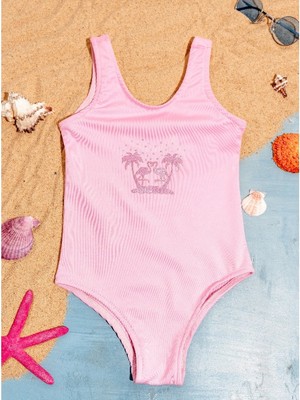 Elayza Press Baskı Kabartma Palmiye ve Pelikan Desenli Taşlarla Bezeli Likralı Kız Çocuk Mayo