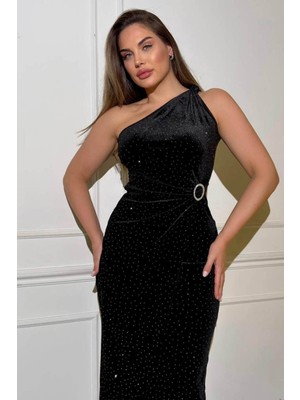 Zishan Fashion Tek Omuz Kadife Midi Elbise – Taş Detaylı Kruvaze Kesim Şık Abiye 2706