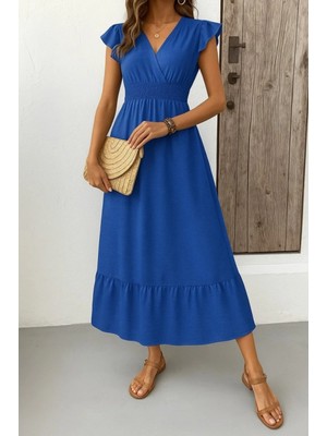 MiraLive Miray- Kadın Kısa Kelebek Kollu Kruvaze Yakalı Beli Lastikli Aerobin Elbise